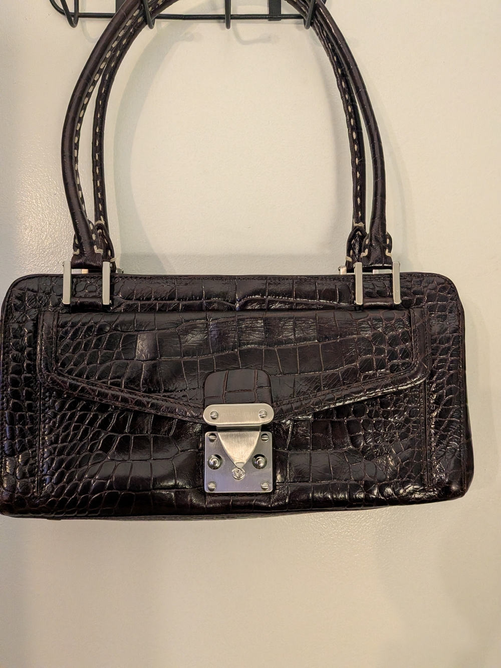 ANTONIO MELANI Black Croc-Embossed Shoulder Bag with Silver Hardware